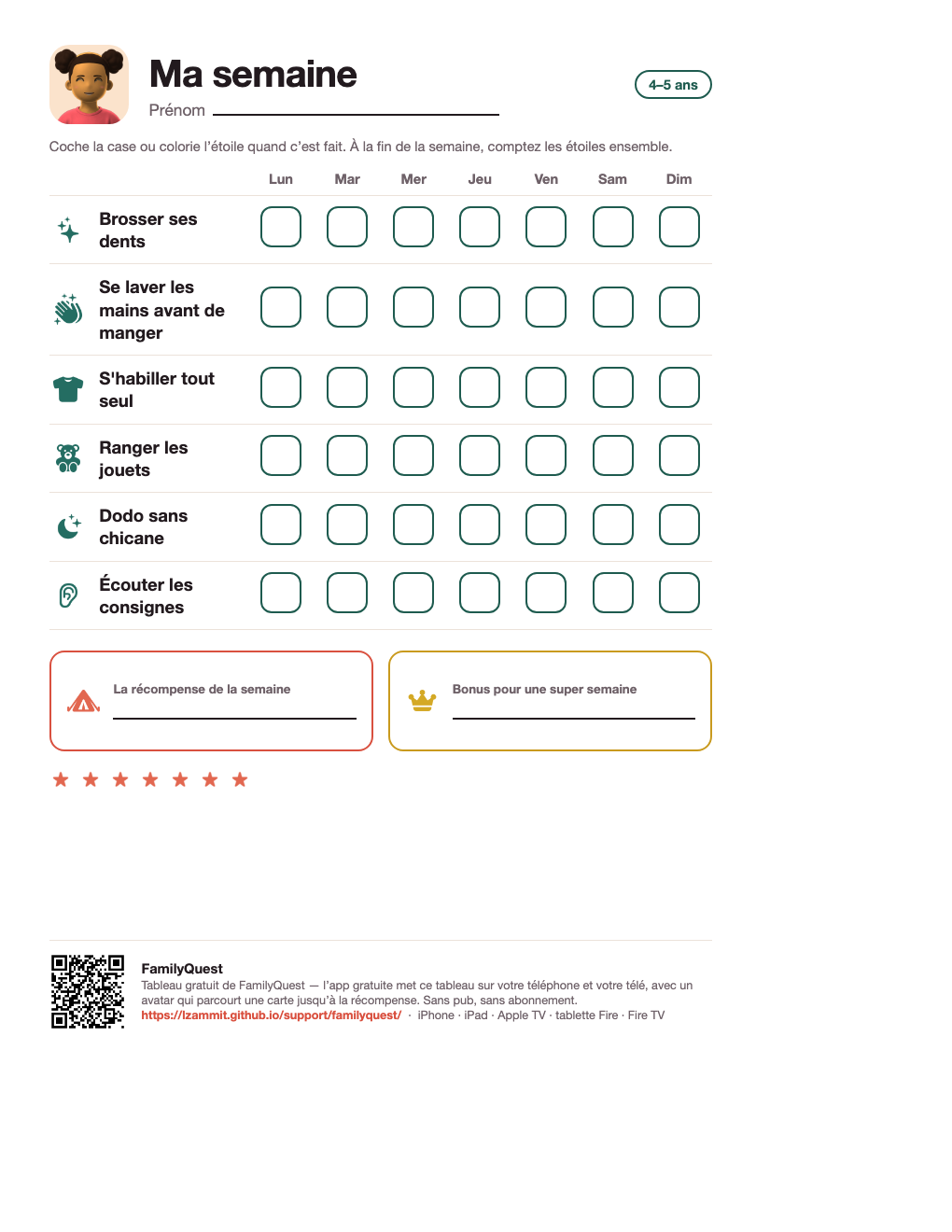 Tableau de motivation en images pour 4 à 5 ans