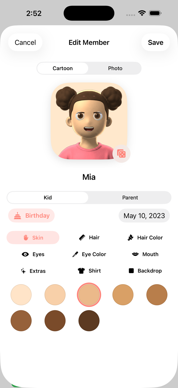 The avatar builder, with skin, hair, eyes and clothing options