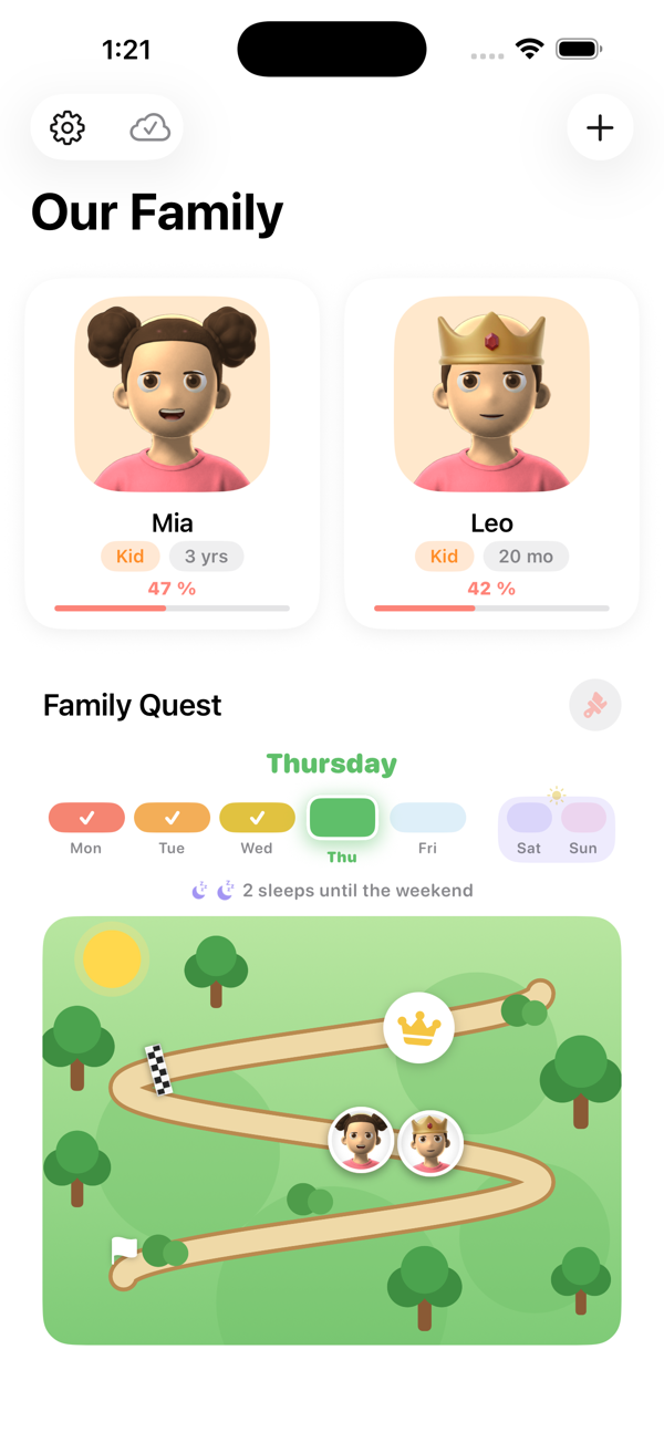 The family screen: two children with avatars and this week's percentage, and the shared quest map below